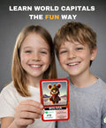 Kids holding Bolivia card from Ultimate Geography Flash Cards Set With 100 Countries Capitals Flags Maps And Continent Codes For Kids