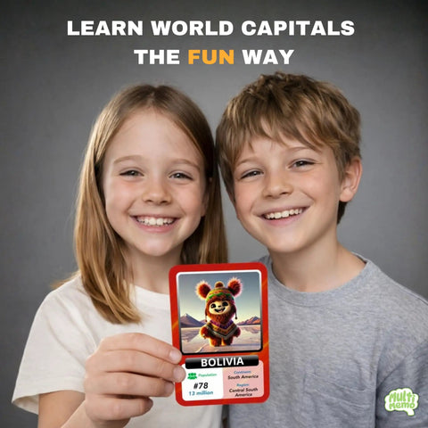 Kids holding Bolivia card from Ultimate Geography Flash Cards Set With 100 Countries Capitals Flags Maps And Continent Codes For Kids