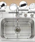 Heavy Duty Foldable Sink Protector Grid With Center Drain And Rounded Corners No Fuss Stainless Steel Drop In Sink Bottom Rack in a kitchen sink.