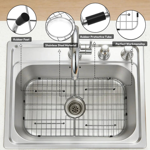 Heavy Duty Foldable Sink Protector Grid With Center Drain And Rounded Corners No Fuss Stainless Steel Drop In Sink Bottom Rack in a kitchen sink.