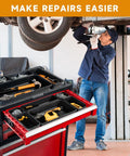 60 Piece Tool Box Organizer Tray Set With 5 Sized Inserts From XL To XS For Drawers And Rolling Tool Chests Keeps Gear Neat And Ready To Grab Heavy Duty Plastic Drawer Organizer For Garage And Workshop And Workbench shown in a mechanic's shop