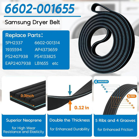 Close-up of 6602-001655 Samsung Dryer Belt, part of Dryer Roller Replacement Kit With DC97 16782A Roller DC93 00634A Idler Pulley And 6602 001655 Belt All In One Replacement Parts Set For Easy DIY Friendly Home Dryer Repair And Smoother Quieter Laundry Days, showcasing specifications and features for durability and friction.