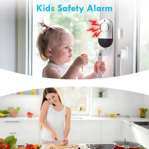 Child with Ultra Loud No Brainer 120dB Window And Door Alarm For Home Security. Install secures window, alerts upon opening.