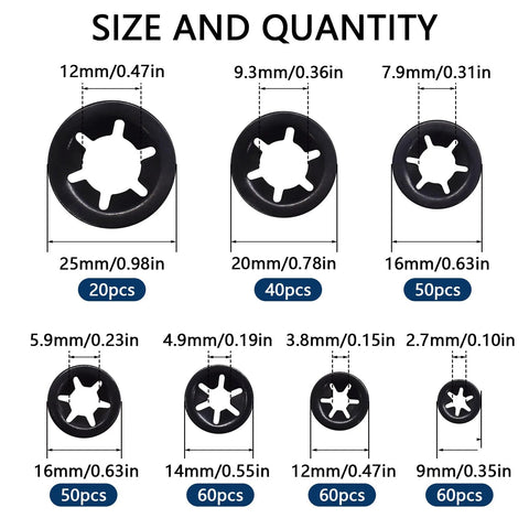 Renashed internal-tooth star lock washers assortment, 340 pcs, push-on, black oxide finish, M3-M12