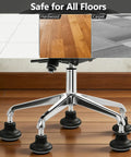 Straight Up Chair Wheel Stoppers 5 Pack Bell Glide Casters for Office and Gaming Desk shown on tile, hardwood, and carpet floors.