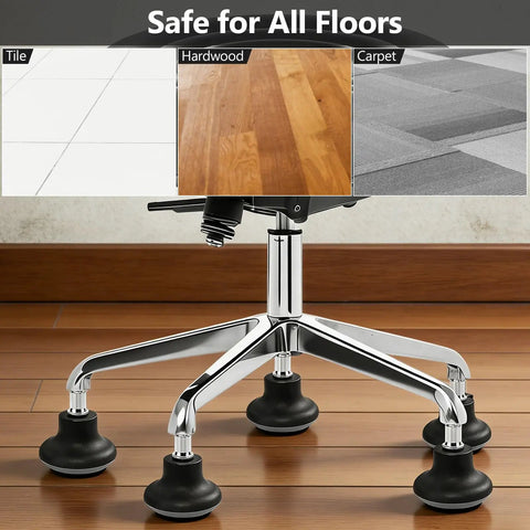 Straight Up Chair Wheel Stoppers 5 Pack Bell Glide Casters for Office and Gaming Desk shown on tile, hardwood, and carpet floors.