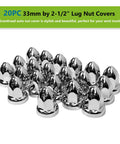 20 Pack Lug Nut Covers For Semi Trucks And Rigs 33mm By Two And One Half Inch Thread On Push On Caps ABS Plastic Anti Rust Chrome Gloss Finish Heat Resistant Waterproof Vehicle Maintenance Accessory displayed in shiny chrome