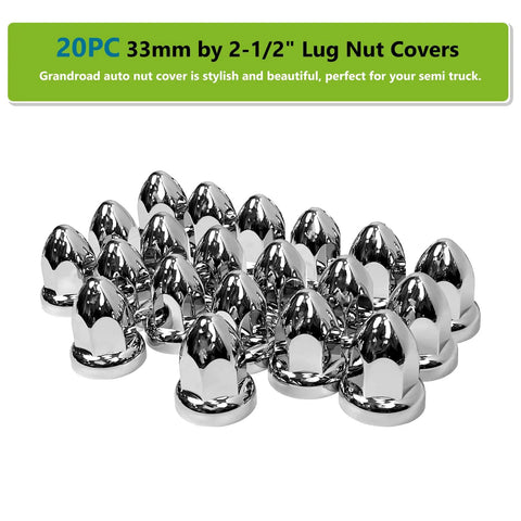 20 Pack Lug Nut Covers For Semi Trucks And Rigs 33mm By Two And One Half Inch Thread On Push On Caps ABS Plastic Anti Rust Chrome Gloss Finish Heat Resistant Waterproof Vehicle Maintenance Accessory displayed in shiny chrome