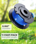 Autofeed Weed Wacker String Replacement For Cordless Trimmers 0.065 Inch Refills showing spool with 11 feet line on grass