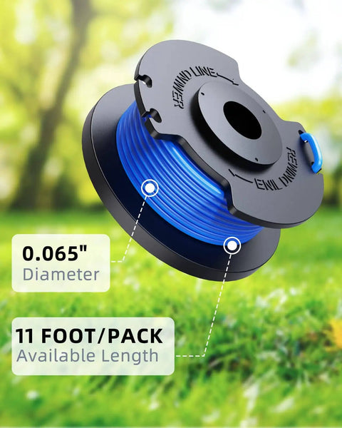 Autofeed Weed Wacker String Replacement For Cordless Trimmers 0.065 Inch Refills showing spool with 11 feet line on grass