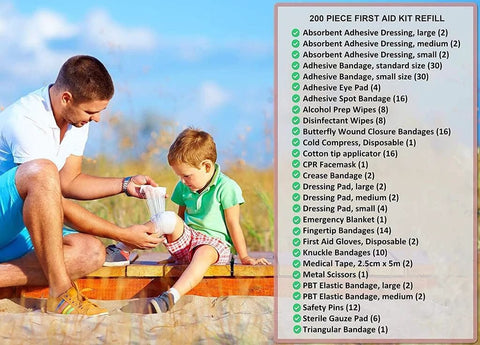 First aid kit refill, 200-piece loose-packed supplies, man bandaging a child's leg outdoors beside a supplies list.