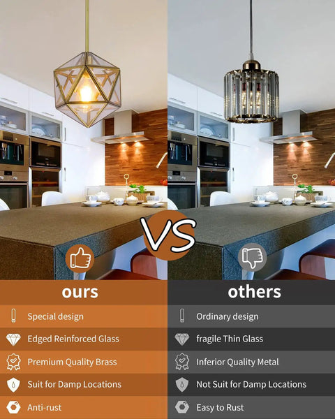 Comparison of two kitchen chandeliers highlighting modern brass chandelier with adjustable height and clear glass shade pendant lighting.