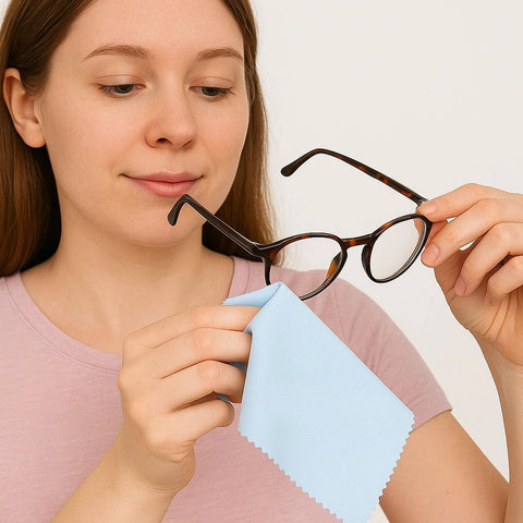Microfiber eyeglasses cleaning cloth in light blue being used by a woman to wipe tortoiseshell glasses.