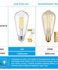Comparison of LED Dimmable Edison Light Bulbs 100W Equivalent, 8W 1200 Lumens, E26 Base with incandescent bulb, showing energy savings.