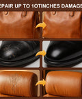 Leather Repair Kit For Furniture, Cars, Jackets, And Purses, DIY Color Match Kit To Fix Tears, Scratches, Holes, And Peeling On Genuine, Faux, And Bonded Leather, Five Color Options For Seamless Restoration showing before and after results on purse, shoe, and chair repair