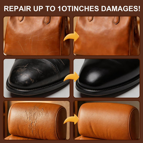 Leather Repair Kit For Furniture, Cars, Jackets, And Purses, DIY Color Match Kit To Fix Tears, Scratches, Holes, And Peeling On Genuine, Faux, And Bonded Leather, Five Color Options For Seamless Restoration showing before and after results on purse, shoe, and chair repair