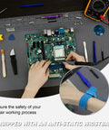 Hands repairing electronics on Extra Large 23.7x13.8 Inch Soldering Mat With ESD Wrist Strap Kit, grey silicone pad.