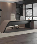 Top Tier Executive Office Desk With Sturdy Chair And Roll Away Lateral File Cabinet Silver Sandalwood Finish in modern office setting.
