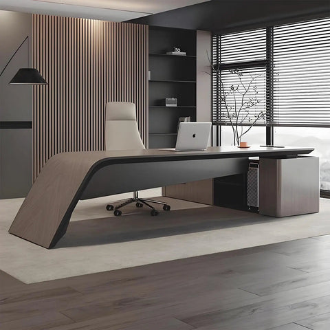 Top Tier Executive Office Desk With Sturdy Chair And Roll Away Lateral File Cabinet Silver Sandalwood Finish in modern office setting.