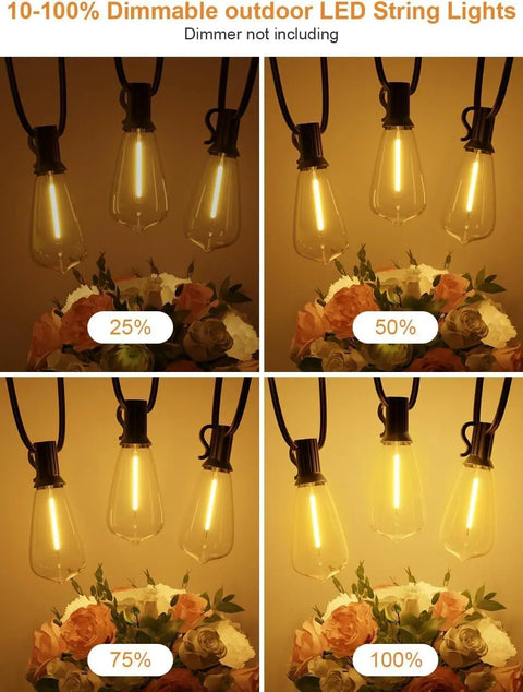 Image showing varying brightness levels of 100Ft Outdoor String Lights Waterproof Patio Lighting With Clear Shatterproof ST38 Vintage Edison Bulbs Connectable Outdoor Hanging Lights For Backyard Porch Deck Balcony Garden 2700K Warm White No Remote Control Needed.
