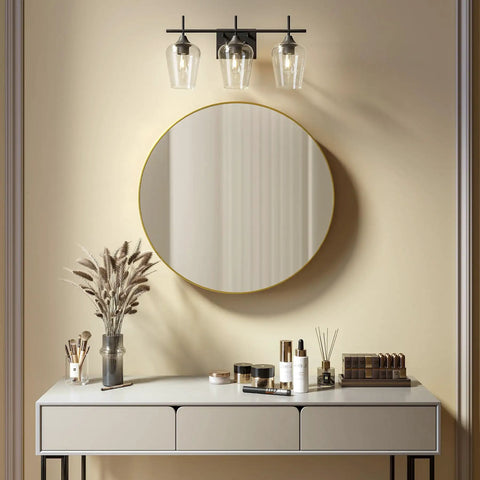Three Light Black Vanity Light Over Mirror With Clear Glass Shades Sleek Modern Industrial Bathroom Wall Fixture For Bathrooms Bedroom And Hallway Durable Black Finish.