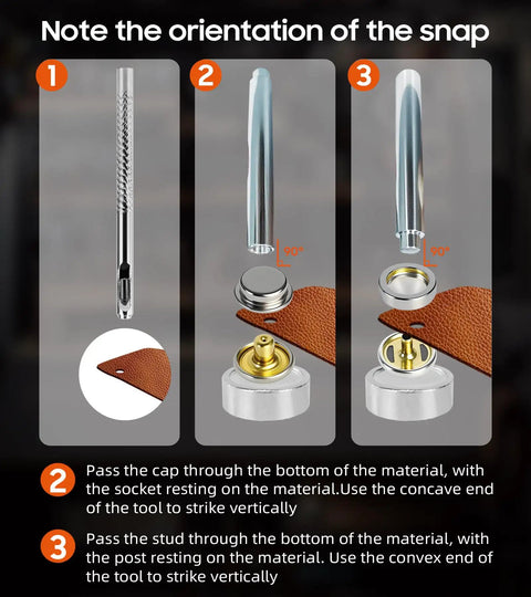 Installation instructions for Upgraded 15mm Leather Snaps And Fasteners Kit, showing snap orientation and tool usage.