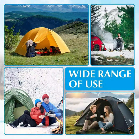 Collage of tents in various terrains highlighting Heavy Duty Ice Anchor Tool Kit For Ice Fishing, 6 Stainless Steel Tent Stakes Nails.