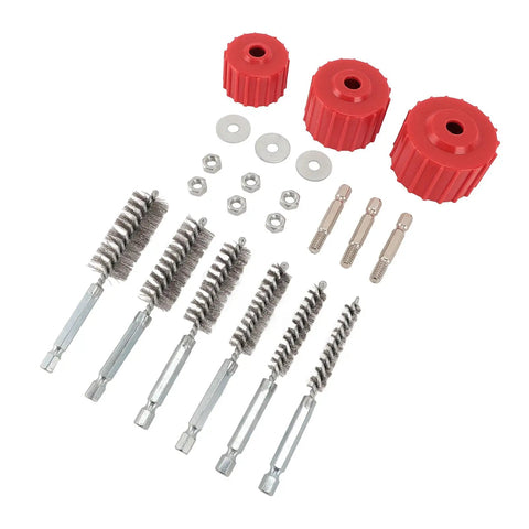 Power Drill Copper Pipe Cleaner Kit For Half Inch, Three Quarter Inch, And One Inch Tubes Cleaning Brush Set shown with parts