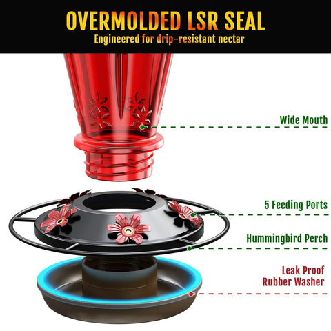 Diagram of Glass Hummingbird Feeder For Outdoors, 25oz Red With 5 Flower Ports And Bee Guard, Ant Moat, Leakproof Design