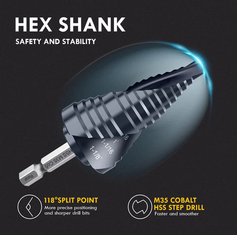 Double Spiral Cobalt Step Drill Bit M35 With Hex Shank Unibit For Metal And Stainless Steel One Quarter To One And One Eighth Inch TiAIN Coated Heavy Duty Cutter That Drills Like Butter