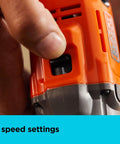 Close-up of 20V Max Cordless Drill Driver With Battery And Charger Included Powerful Torque For Screwdriving And Drilling Variable Speed Trigger 10 Clutch Positions Ready For DIY Home Projects showing two speed settings