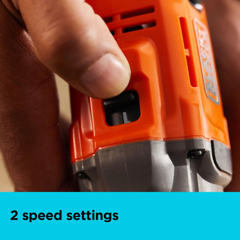 Close-up of 20V Max Cordless Drill Driver With Battery And Charger Included Powerful Torque For Screwdriving And Drilling Variable Speed Trigger 10 Clutch Positions Ready For DIY Home Projects showing two speed settings