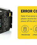 Beast Mode 5000 Watt Power Inverter depicting 5000W unit with four AC outlets, showing error code notice for troubleshooting.