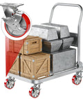 Heavy Duty Workbench Caster Set Of Four With Swivel Brackets And Wheel Brakes Supports One Thousand Pounds each on a cart with crates and weights.