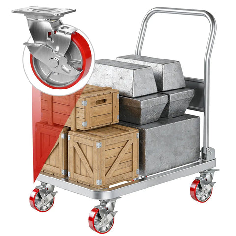 Set Of Four Heavy Duty Industrial Swivel Caster Wheels With Locking Brakes 4000 Lb Capacity on a loaded cart with crates and metal blocks.