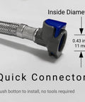 12 Inch Quick Connect Faucet Water Supply Lines close-up on quick connector, stainless steel braided, no tools install, size detail.