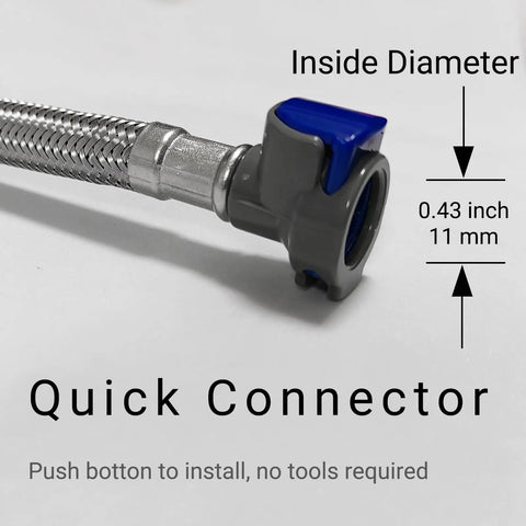 12 Inch Quick Connect Faucet Water Supply Lines close-up on quick connector, stainless steel braided, no tools install, size detail.