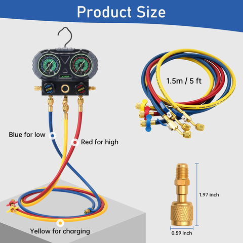 Front view of Lichamp A2L refrigerant hose set with ball valve, 60-inch; blue for low, red for high, yellow for charging (3-pack).
