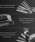 16-In-1 Motorcycle And Bike Repair Tool Kit With Foldable Multitool, showing hex wrenches and buckle design details.