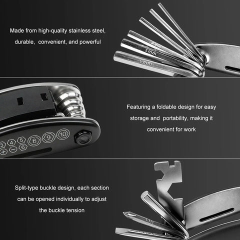 16-In-1 Motorcycle And Bike Repair Tool Kit With Foldable Multitool, showing hex wrenches and buckle design details.