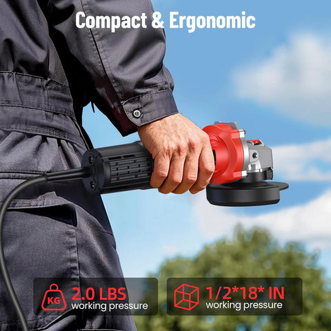 Avhrit angle grinder, 4-1/2 inch, 10 Amp, red and black, 13000 RPM handheld power tool for cutting and grinding.