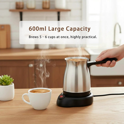 Electric Turkish Coffee Maker With 600ml Stainless Steel Pot brewing coffee in home kitchen setting
