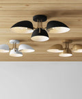 Three Ophelia Dope Modern Farmhouse 3 Light Semi Flush Mount Ceiling Lights with matte black, white, and gold finishes