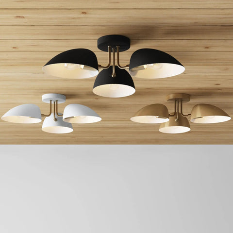 Three Ophelia Dope Modern Farmhouse 3 Light Semi Flush Mount Ceiling Lights with matte black, white, and gold finishes