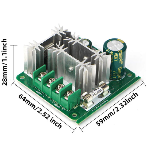 PWM DC Brushed Motor Speed Controller 6V-90V, 8A Continuous, compact board with heatsink and capacitor, dimensions 64mm x 59mm