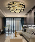 Serious Glow Up Round Ceiling Light With High End LED Crystal Chandelier And Dimmable Pendant Fixture, 100cm Diameter in modern living room.
