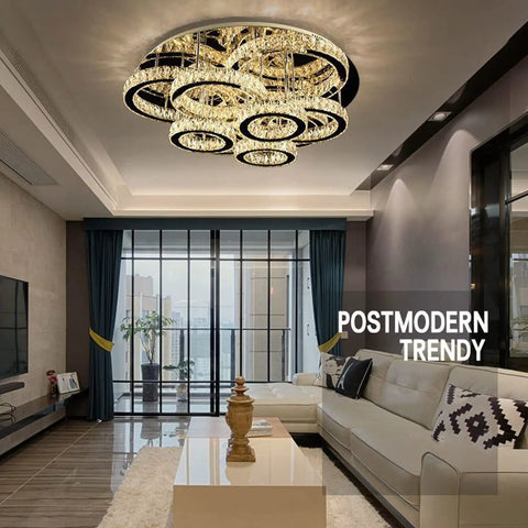 Serious Glow Up Round Ceiling Light With High End LED Crystal Chandelier And Dimmable Pendant Fixture, 100cm Diameter in modern living room.