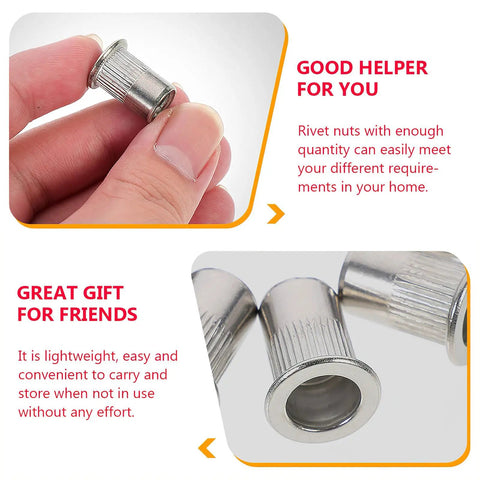 Grab This Heavy Duty Stainless Steel M4 Flat Head Rivet Nuts Knurled Tool Kit For Serious Automotive Repairs, Industrial Fastening And Tough Furniture Builds That Really Rock. stainless steel M4 flat head rivet nut held between fingers