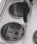 Commercial Stainless Steel Six Hole Gas Pasta Cooker With Hose Low Pressure Valve And Mesh Filters Straight Up Solid Noodle Boiler Dumplings Soup Stock Pot Essentials basket detail with handles inside compartments.