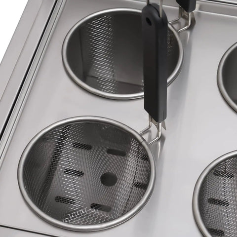 Commercial Stainless Steel Six Hole Gas Pasta Cooker With Hose Low Pressure Valve And Mesh Filters Straight Up Solid Noodle Boiler Dumplings Soup Stock Pot Essentials basket detail with handles inside compartments.